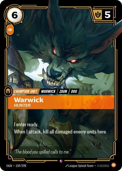 Riftbound card: Warwick - Hunter 159/298 from Origins (Rare), front of card