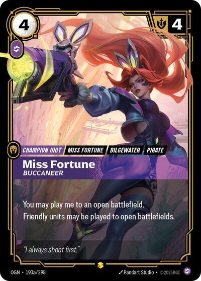 Riftbound card: Miss Fortune - Buccaneer (Alternate Art) 193a/298 from Origins (Showcase), front of card