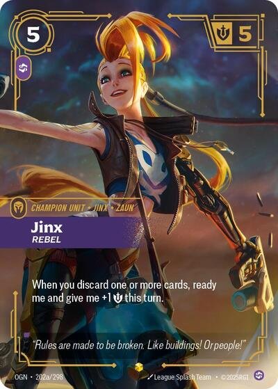 Riftbound card: Jinx - Rebel (Alternate Art) 202a/298 from Origins (Showcase), front of card