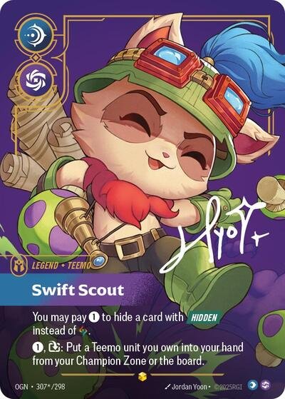 Riftbound card: 307*/298 Teemo - Swift Scout (Signature) from Origins (Showcase), front of card