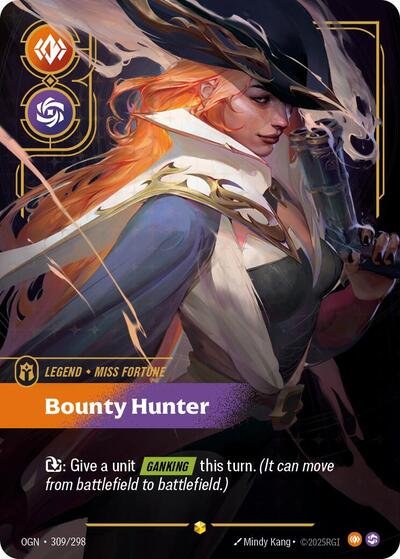 Riftbound card: Miss Fortune - Bounty Hunter (Overnumbered) 309/298 from Origins (Showcase), front of card