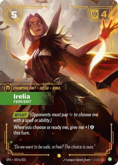 Riftbound card: Irelia - Fervent (Alternate Art) 057a/221 from Spiritforged (Showcase), front of card