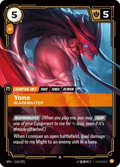 Riftbound card: Yone - Blademaster 116/221 from Spiritforged (Rare), front of card