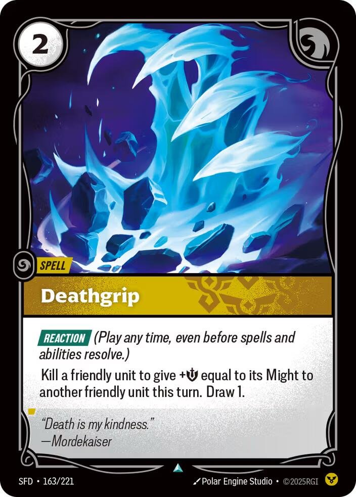 Riftbound card: Deathgrip 163/221 from Spiritforged (Uncommon), front of card