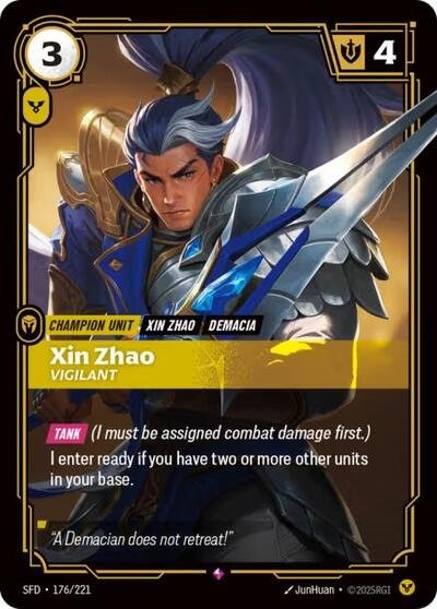 Riftbound card: Xin Zhao - Vigilant 176/221 from Spiritforged (Rare), front of card