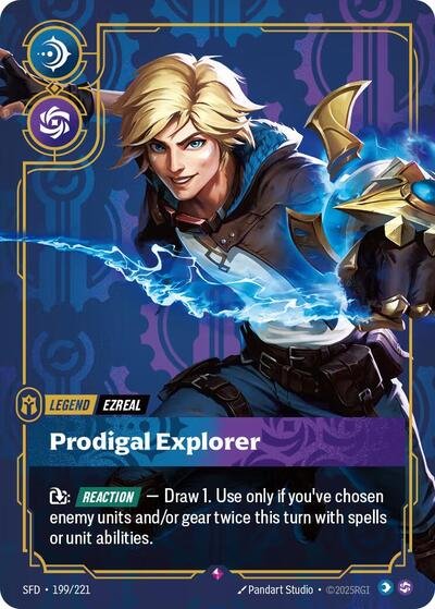 Riftbound card: Ezreal - Prodigal Explorer 199/221 from Spiritforged (Rare), front of card