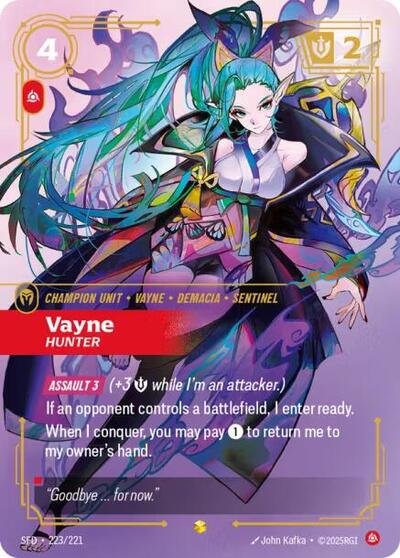 Riftbound card: Vayne - Hunter (Overnumbered) 223/221 from Spiritforged (Showcase), front of card