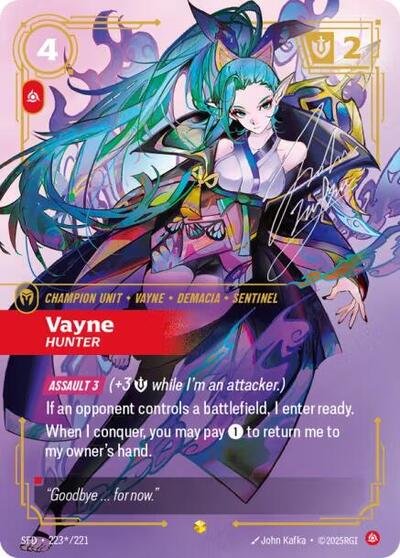 Riftbound card: 223*/221 Vayne - Hunter (Signature) from Spiritforged (Showcase), front of card
