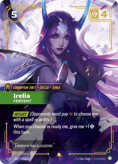 Riftbound card: 225*/221 Irelia - Fervent (Signature) from Spiritforged (Showcase), front of card
