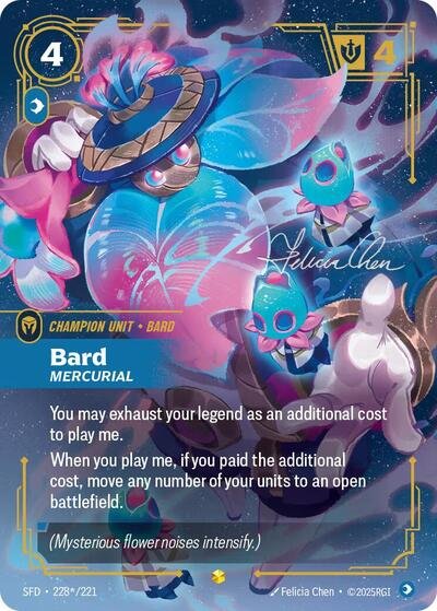 Riftbound card: 228*/221 Bard - Mercurial (Signature) from Spiritforged (Showcase), front of card