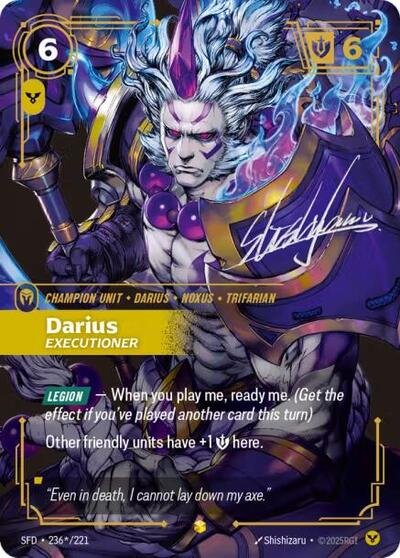 Riftbound card: 236*/221 Darius - Executioner (Signature) from Spiritforged (Showcase), front of card