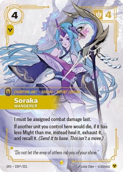 Riftbound card: 239*/221 Soraka - Wanderer (Signature) from Spiritforged (Showcase), front of card