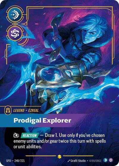 Riftbound card: Ezreal - Prodigal Explorer (Overnumbered) 248/221 from Spiritforged (Showcase), front of card