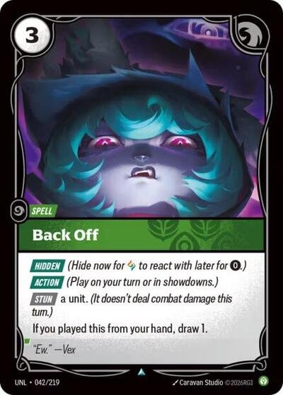 Riftbound card: Back Off 042/219 from Unleashed (Uncommon), front of card