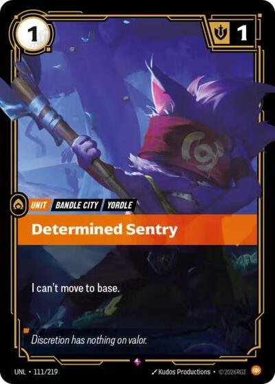 Riftbound card: Determined Sentry 111/219 from Unleashed (Rare), front of card