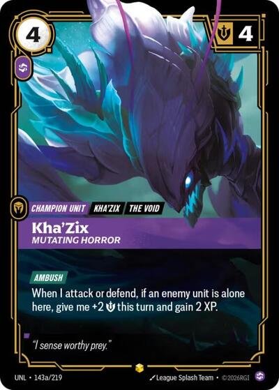 Riftbound card: Kha'Zix - Mutating Horror (Alternate Art) 143a/219 from Unleashed (Showcase), front of card