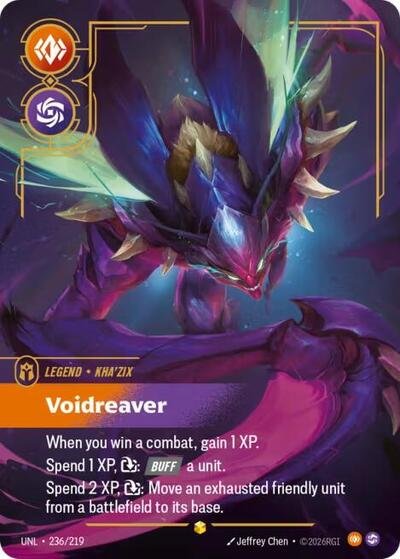 Riftbound card: Kha'Zix - Voidreaver (Overnumbered) 236/219 from Unleashed (Showcase), front of card