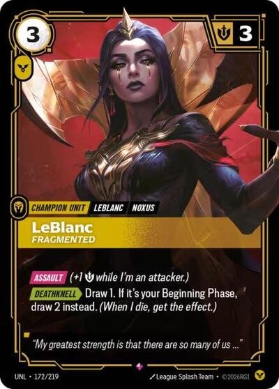 Riftbound card: LeBlanc - Fragmented 172/219 from Unleashed (Rare), front of card