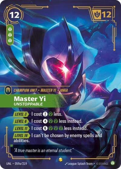 Riftbound card: Master Yi - Unstoppable (Alternate Art) 059a/219 from Unleashed (Showcase), front of card