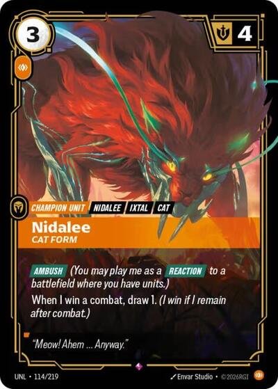 Riftbound card: Nidalee - Cat Form 114/219 from Unleashed (Rare), front of card