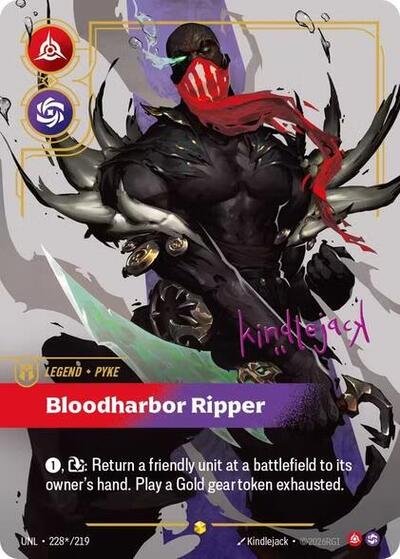 Riftbound card: 228*/219 Pyke - Bloodharbor Ripper (Signature) from Unleashed (Showcase), front of card