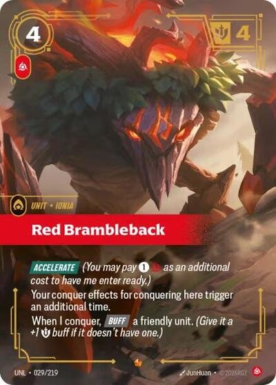 Riftbound card: Red Brambleback 029/219 from Unleashed (Epic), front of card