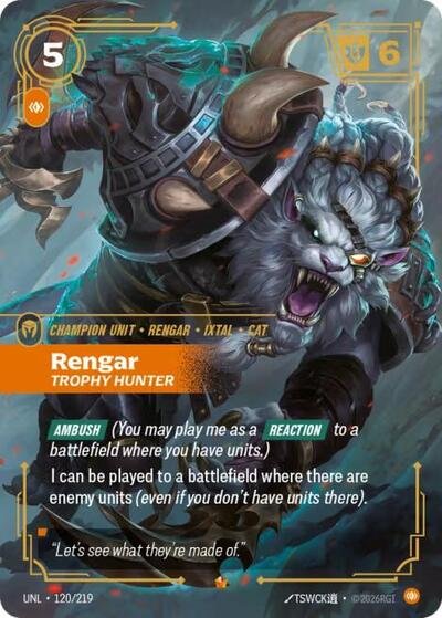 Riftbound card: Rengar - Trophy Hunter 120/219 from Unleashed (Epic), front of card