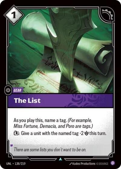 Riftbound card: The List 138/219 from Unleashed (Uncommon), front of card