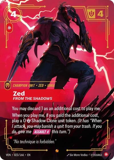 Riftbound card: Zed 023/166 from Vendetta (Epic), front of card
