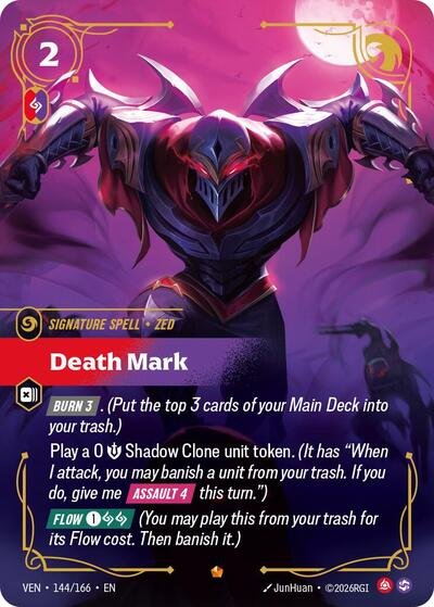Riftbound card: Death Mark Epic 144/166 from Vendetta (Signature Spell), front of card