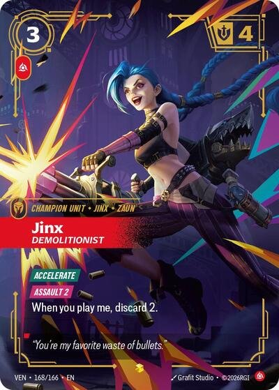 Riftbound card: Jinx 168/166 from Vendetta (Showcase), front of card