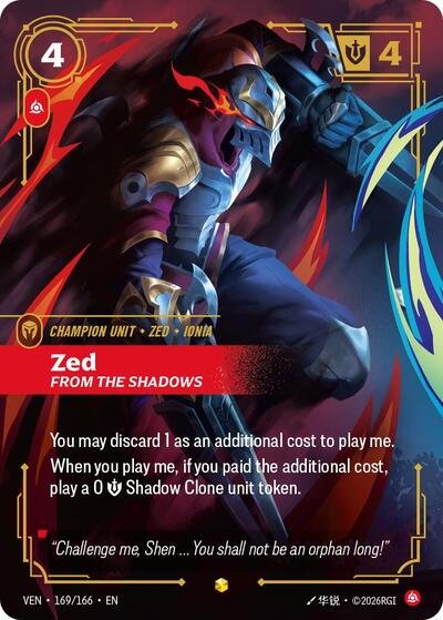 Riftbound card: Zed 169/166 from Vendetta (Showcase), front of card