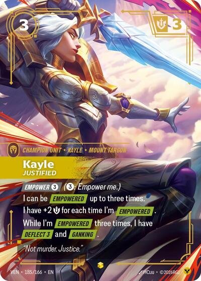Riftbound card: Kayle 185/166 from Vendetta (Showcase), front of card