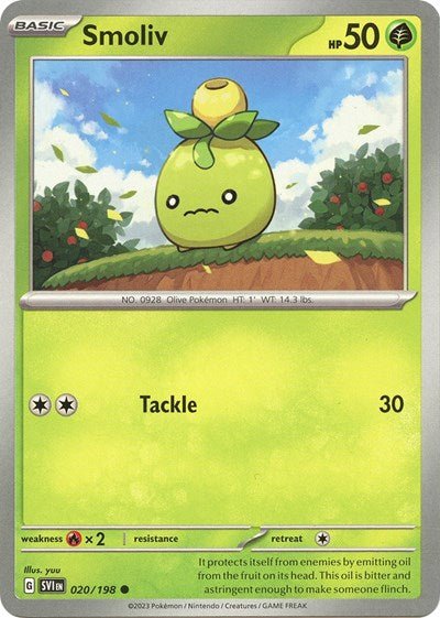 Pokémon card: Smoliv 020/198 from Scarlet & Violet base set (Common), Grass type, front of card