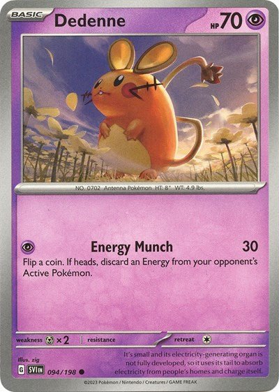 Pokémon card: Dedenne 094/198 from Scarlet & Violet base set (Common), Psychic type, front of card