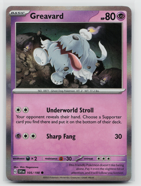 Pokémon card: Greavard Common (Holofoil Promo) 105/198 from Scarlet & Violet base set (Common), Psychic type, front of card