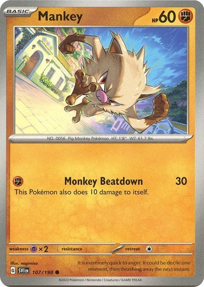 Pokémon card: Mankey 107/198 from Scarlet & Violet base set (Common), Fighting type, front of card