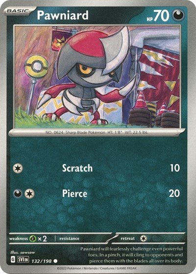 Pokémon card: Pawniard 132/198 from Scarlet & Violet base set (Common), Darkness type, front of card