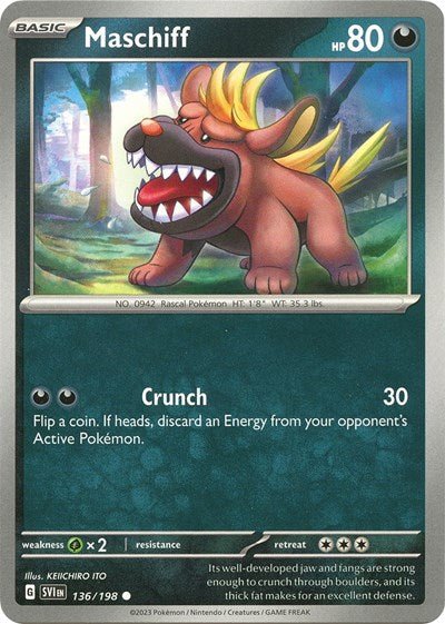 Pokémon card: Maschiff 136/198 from Scarlet & Violet base set (Common), Darkness type, front of card
