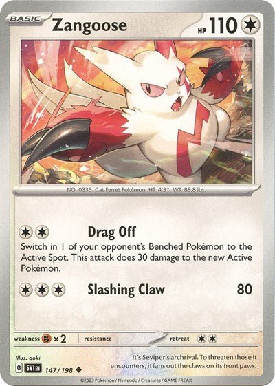 Pokémon card: Zangoose 147/198 from Scarlet & Violet base set (Uncommon), Colorless type, front of card
