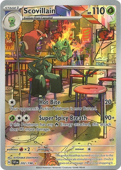 Pokémon card: Scovillain 202/198 from Scarlet & Violet base set (Illustration Rare), Grass type, front of card