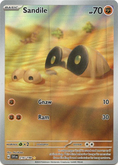 Pokémon card: Sandile 216/198 from Scarlet & Violet base set (Illustration Rare), Fighting type, front of card