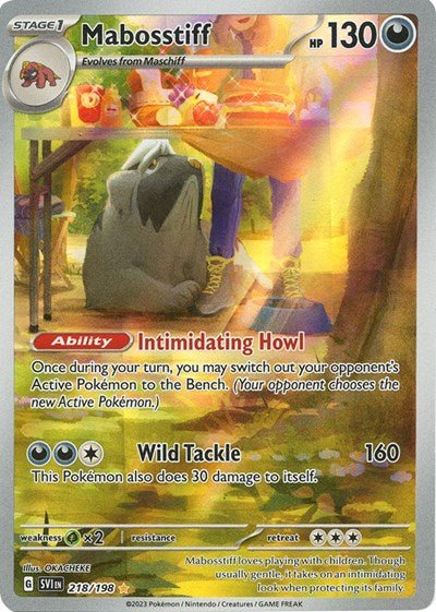 Pokémon card: Mabosstiff 218/198 from Scarlet & Violet base set (Illustration Rare), Darkness type, front of card