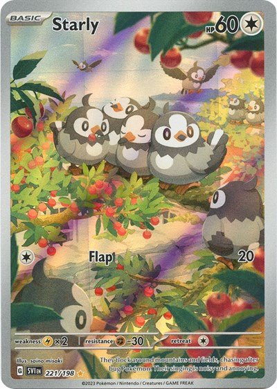 Pokémon card: Starly 221/198 from Scarlet & Violet base set (Illustration Rare), Colorless type, front of card
