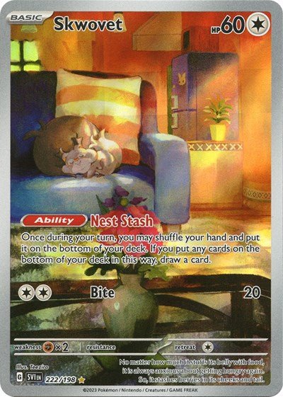 Pokémon card: Skwovet 222/198 from Scarlet & Violet base set (Illustration Rare), Colorless type, front of card