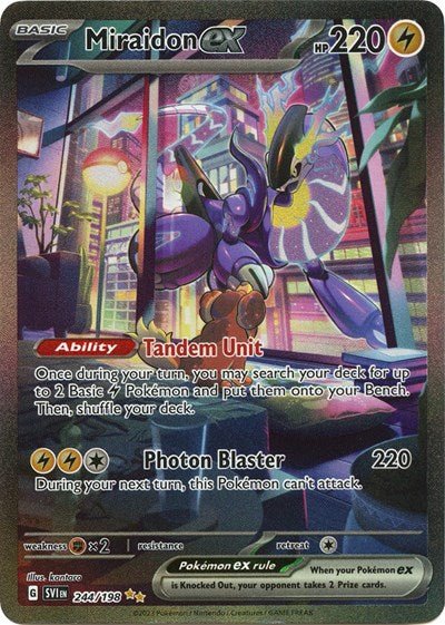 Pokémon card: Miraidon ex 244/198 from Scarlet & Violet base set (Special Illustration Rare), Lightning type, front of card
