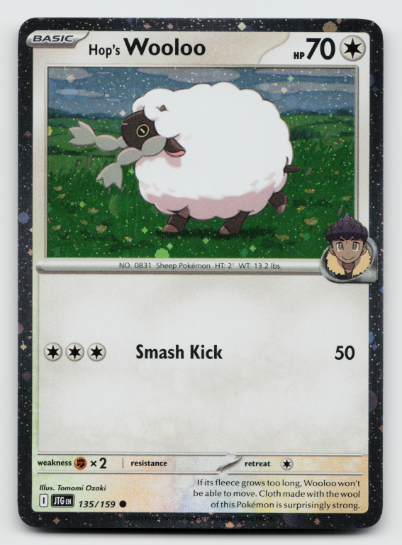 Pokémon card: Hop's Wooloo Common (Cosmos Holofoil Promo) 135/159 from Journey Together (Common), Colorless type, front of card