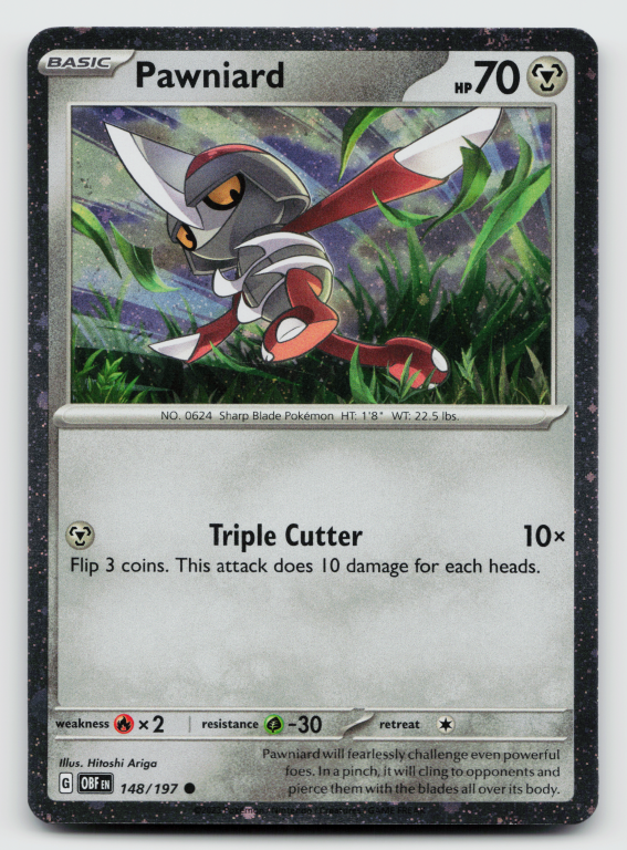 Pokémon card: Pawniard Common (Cosmos Holofoil Promo) 148/197 from Obsidian Flames (Common), Metal type, front of card