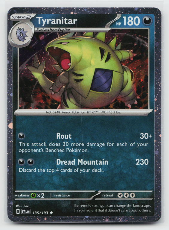 Pokémon card: Tyranitar Rare (Cosmos Holofoil Promo) 135/193 from Paldea Evolved (Rare), front of card