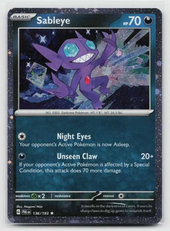 Pokémon card: Sableye Rare (Cosmos Holofoil Promo) 136/193 from Paldea Evolved (Rare), front of card